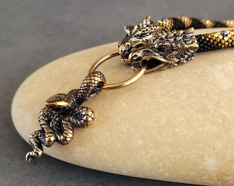 Hand Cast Bronze Dragon Necklace, Japanese Beaded Pendant, Magnetic Clasp