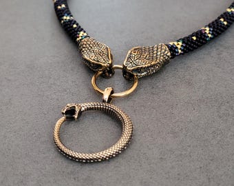 Beaded Snake Necklace, Bronze Ouroboros Pendant, Japanese and Czech Beads