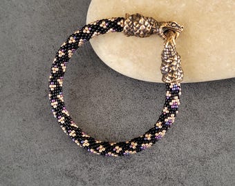 Ouroboros Beaded Bracelet, Hand-Cast Bronze Snake Clasp, Japanese Seed Beads