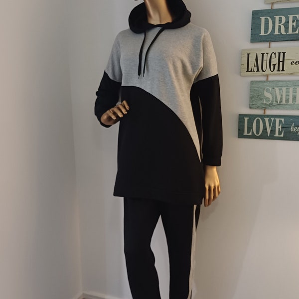 Women Tracksuit Two Piece, long hoodie and pants, modest activewear, Sweatshirt and Pants, Long Top, One size ( fits well UK Size 6,8,10,12)