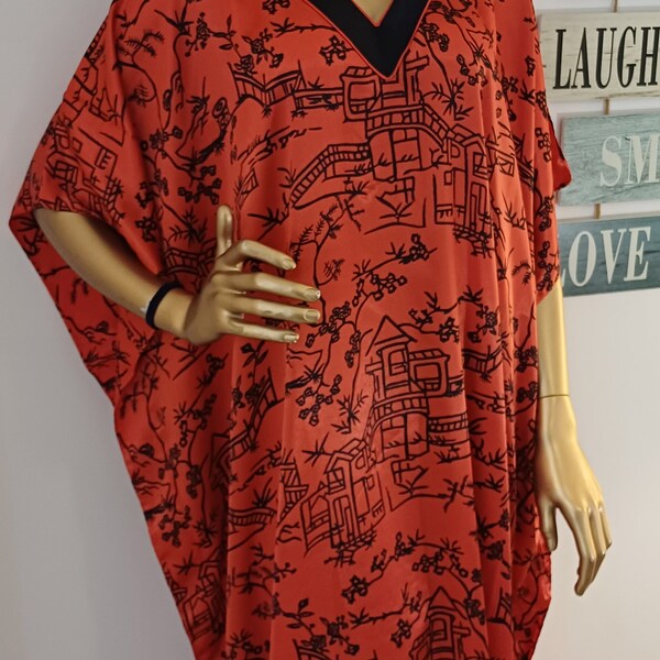 Caftan léger Caftan en polyester rouge et noir en satin de soie, jeté sur la plage pour l'été, robe de voyage au Royaume-Uni, robes de mariée pour femme