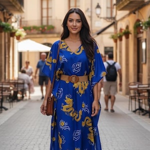 Sukienka caftan z nadrukiem Blue Dragon w stylu casual / wygodna sukienka typu „smock”