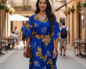 Loungewear Caftan Blue Dragon print /Comfy smock dress