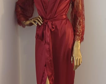 Red Lace Satin Robe: Bridal Lingerie, one size fits most