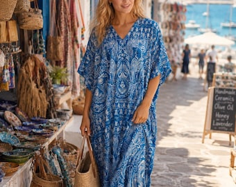 Vestido Kaftan Azul de Verão – Maxi Modelagem Solta para Relaxar