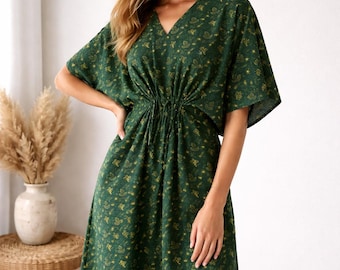 100% Cotton Kaftan Dress, Lightweight Green Floral Fabric
