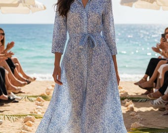 Pure Cotton Dress: Blue Paisley design block printed Maxi, handmade