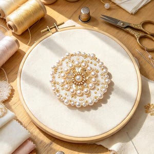 May include: A circular wooden embroidery hoop holds a piece of white fabric featuring a central floral design embellished with white pearls, gold beads, and metallic sequins. Surrounding the hoop are spools of thread, scissors, and thimbles.
