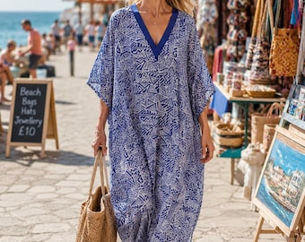 Blue and white Kaftan Dress, micro cotton Summer Beach Cover Up