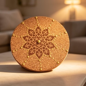 Pode incluir: Um porta-copos circular de cortiça com um padrão de mandala floral gravado a laser em castanho escuro no centro. O design é acentuado com pequenos pontos dourados em relevo dispostos num padrão radial do centro para a borda.