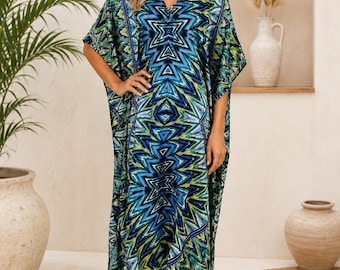 Blue Geometric Maxi Caftan | Boho Beach Cover Up