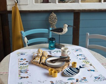 White framed tablecloth + Cross stitch creation 113 (Sea chart)