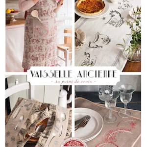 May include: A set of four cross-stitch embroidery patterns for kitchen linens. The patterns feature a vintage design of tableware, including a teapot, cups, and silverware. The patterns are printed on a white background with red and black text. The text reads "VAISSELLE ANCIENNE - Au point de croix - Creation Point de Croix - SPC Web - 100% Creation."