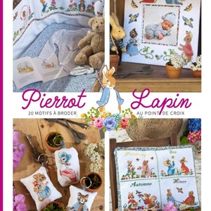 Könnte beinhalten: Ein Set mit Kreuzstichmustern mit Peter Rabbit und anderen Figuren aus den Büchern von Beatrix Potter. Die Muster umfassen ein Babybett, ein Kissen und einen Schlüsselanhänger. Die Muster sind in verschiedenen Farben und Designs erhältlich.