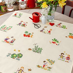 Superposición de damasco de algodón beige, tamaño 80 x 80 cm, Aïda damero 18 cuadrados, Aïda 5,5 puntos+ Creación punto de cruz 93_parrilla Huerto