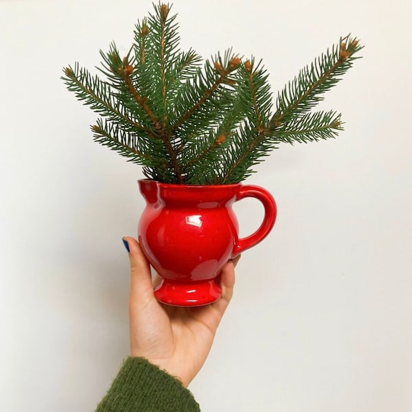 Vintage Christmas Red Vintage Ceramic Mini Vase / Tabletop Centerpiece Jug with Christmas Tree / Handmade Table Decor Vase, Pine Branches