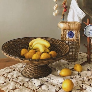 Hand Woven Large Rattan Basket / Handmade Tabletop Fruit Bowl / Vintage Jardiniere 70s / Table Centerpiece Nuts, Candies Storage Kitchen Box