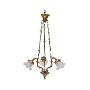 Art Nouveau 1930s French 3-arm Brass Chandelier / Vintage Ceiling Lamp - Antique Brass Hanging Light  / Unique Ornaments Uplighter Lamp