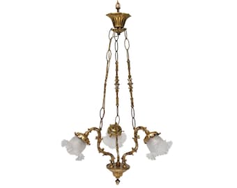 Lámpara de techo vintage de latón de tres brazos estilo Art Nouveau francés de los años 30: lámpara colgante de latón antiguo y adornos únicos