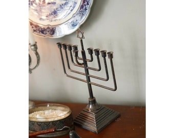 Hanukia Menorah Brass Antique Candlestick 9 Arm, Jewish Candelabrum, Hanukkah Celebration CandleHolder, Judaica STAR DAVID Jerusalem Menorah