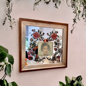 Hand Painted Flower Glass Wall Mirror / Authentic Wall Mirror with Photo Frame / Vintage Reverse Painted Glass Framed Mirror 70s Wall Decor