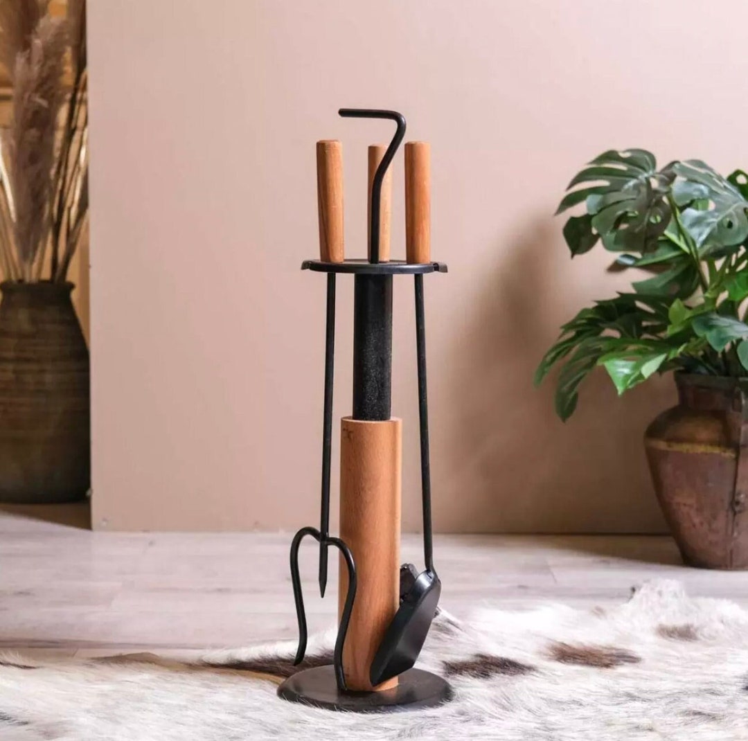 Vintage Fireplace Tool Set Iron & Wooden / Handmade Fire Scene Display