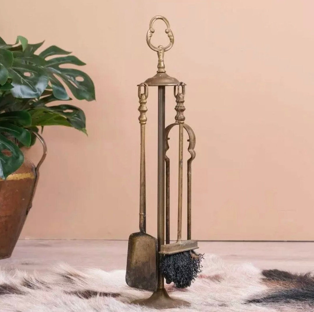 Vintage Fireplace Tool Set Brass 60 Cm / Handmade Antique