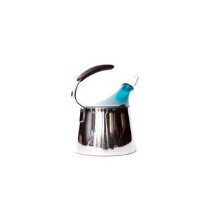 May include: A stainless steel stovetop kettle with a black handle and a light blue spout. The kettle has a shiny, reflective surface and a modern design. The handle has a red button. The spout has a small handle.