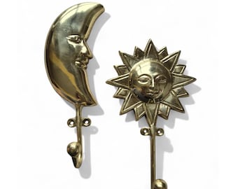 Vintage Solid Brass Sun and Moon Wall Hooks | Set of 2 Celestial Hangers | Boho Coat Hooks | Mystical Wall Decor, Key Holder