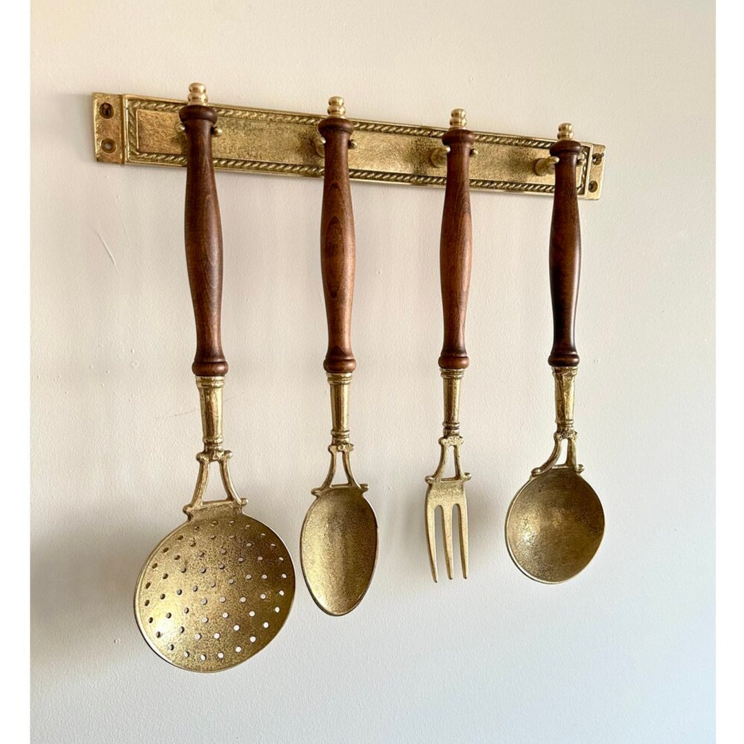 Antique Brass Kitchen Utensils With Wooden Handles / Vintage Kitchen