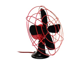 German 60s Hüttmann Fan / Black & Red Retro Table Ventilator, Pop Art Home Decor, Portable Rotating Air Ventilator, Industrial Electric Fan