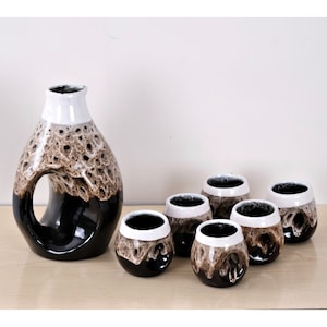 Set di liquori in ceramica tedesca vintage / Brocca per vin brulé e set da 6 bicchieri / Ciotola per punch dipinta a mano / Set di liquori per cocktail per bar di casa