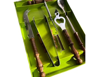 German Rustic Vintage Cocktail Set with Wooden Handle / Bottle Opener, Ice Tongs, Corkscrew, Knife, Spoon / Retro Barware, Cocktail Bar Set