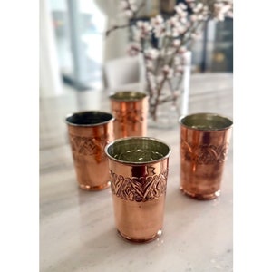 100% Pure Copper Cups / Engraved Copper Tumbler Glass / Handmade Copper Mule Mug Set of 4 / Vintage Kitchen Drinkware, Hand Forged Copper