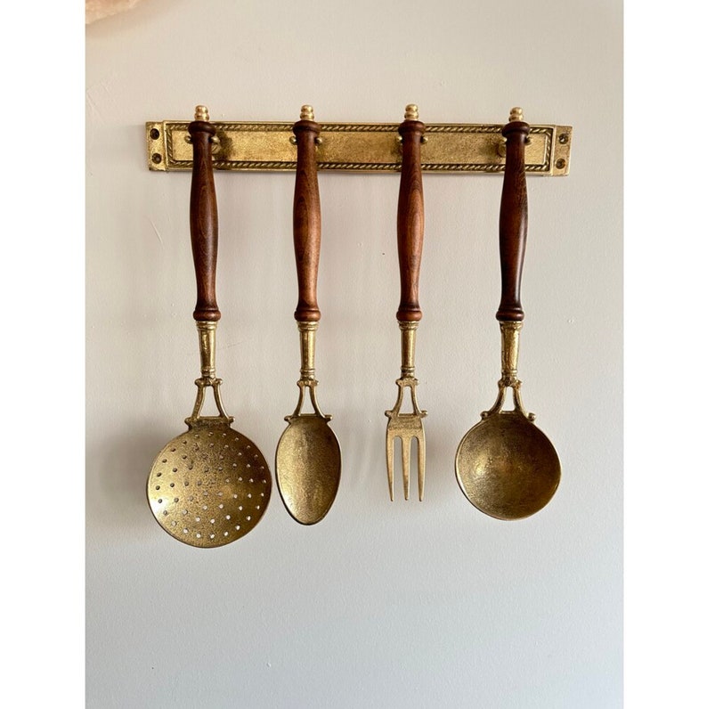 Antique Brass Kitchen Utensils With Wooden Handles / Vintage Kitchen ...