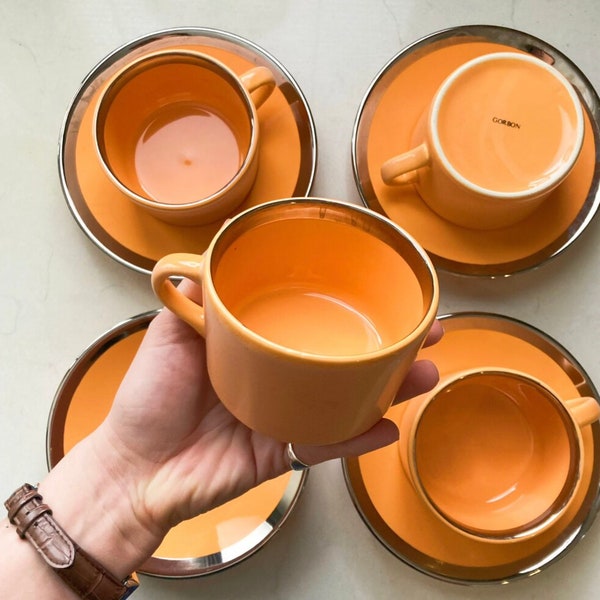 Pumpkin Ceramic Teacups SET of 4 / Orange Coffee Mug SET with Metallic Details / Vintage Tea Coffee Serving, Retro Kitchen Drinkware 80s