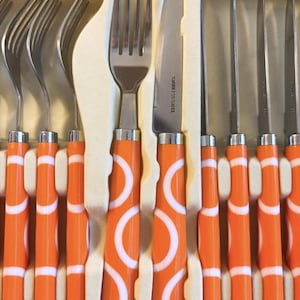 80s Orange Cutlery Set with Revolving Carousel / Orange and Stainless Steel Cutlery Set 12 Pieces / Retro Kitchen, Dining Unique Decor 80s