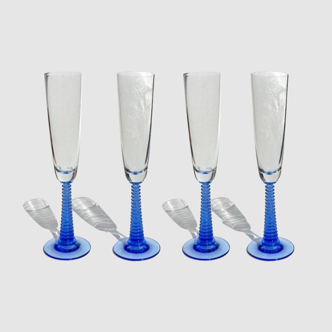 Blue Beehive Stem Glasses Set of 4 / Vintage Cobalt Blue Glass