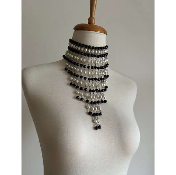 Vintage Necklace or Choker, Multiple White & Black Long Necklace 