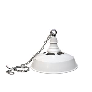 May include: White industrial pendant light with a chain and a metal shade. The shade has a decorative pattern around the edge.