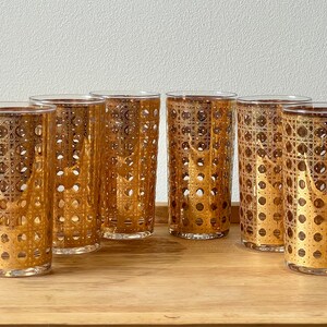 Vintage Culver Cannella basket weave 22k gold high ball glasses. Set of six. Pristine MCM condition.