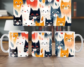 Cats Mug Wrap Cat Lovers Mug Wrap Sublimation Design PNG Pets Mug PNG Press Design, Cats 11oz & 15oz Coffee Cup Template