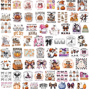 May include: A collection of Halloween-themed graphic designs. The designs include pumpkins, ghosts, bats, bows, and text such as "Spooky Season", "Trick or Treat", and "Hocus Pocus". The color palette is primarily orange, black, and purple.
