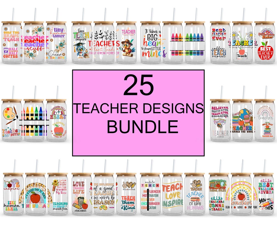 16oz Teacher Libbey Glass Can PNG Bundle, Teacher Glass Can Wrap PNG ...