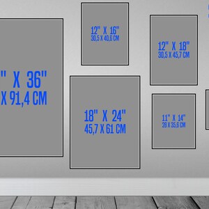 Puede incluir: Gu&iacute;a de tallas para impresiones, que muestra diferentes tama&ntilde;os en pulgadas y cent&iacute;metros. El tama&ntilde;o m&aacute;s grande es de 24 pulgadas por 36 pulgadas (61 cm por 91,4 cm).