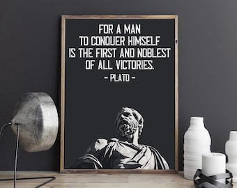 Poster met citaat van Plato. Voor een mens is zichzelf overwinnen de eerste en meest nobele overwinning. Kunstprint met stoïcijns citaat, stoïcijnse wanddecoratie.