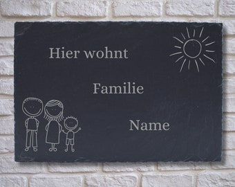 Türschild personalisiert für Familien, Schieferplatte mit Namensgravur, Wandschild personalisiert aus Naturstein