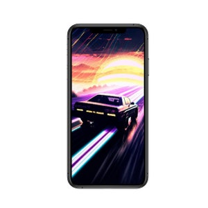 May include: A black car driving on a road with a sunset in the background. The road is lined with purple and white streaks of light.