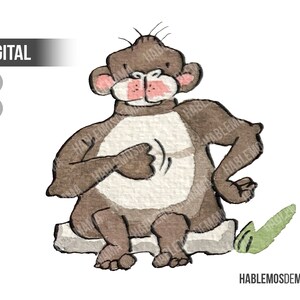 The gorilla waits seated. Printable children&#39;s watercolor. Clipart. PNG/JPG. Use for scrap, nurseries, schools and home education.