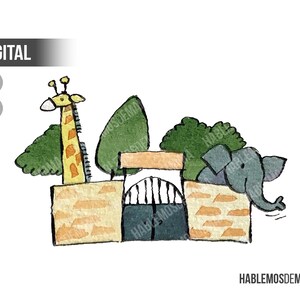 Elephant and Giraffe at the Zoo. Printable children&#39;s watercolor. digital clip art Use for scrap, nurseries, schools and home education.